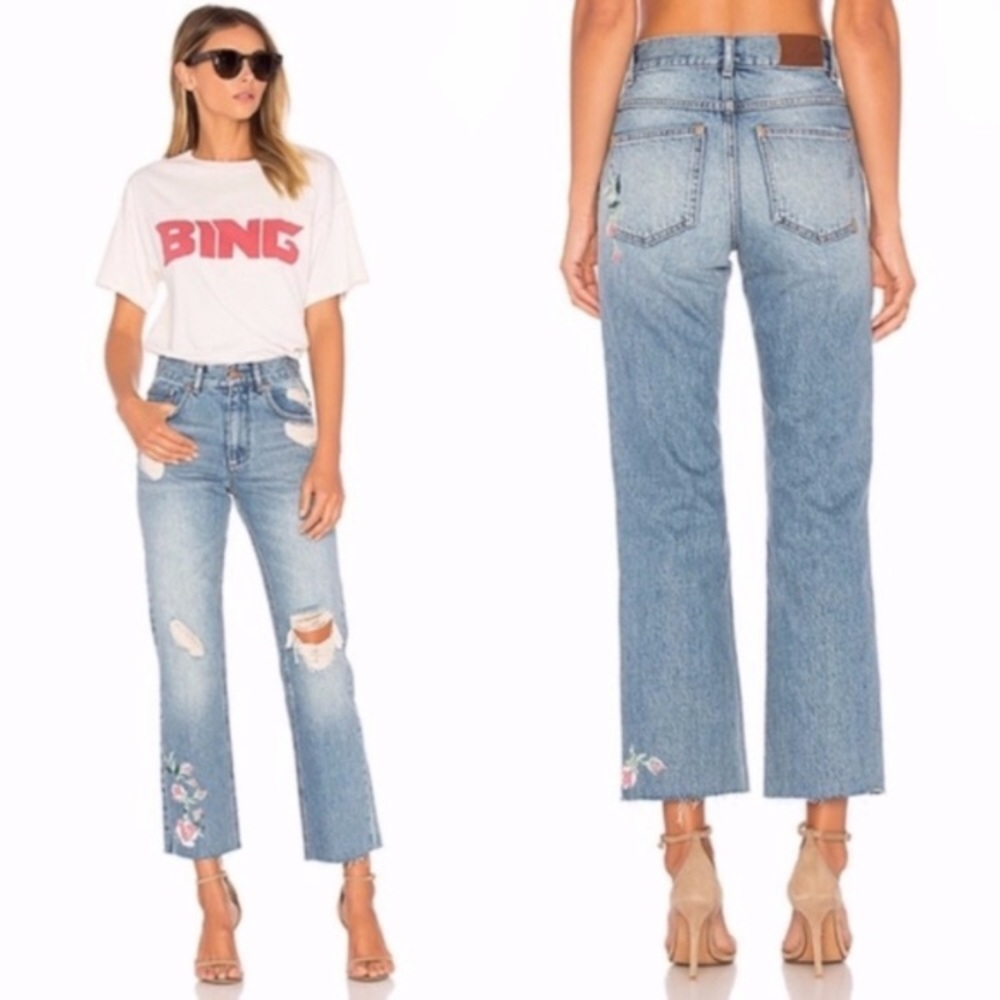 New Anine Bing Floral Embroidered Distressed Jeans